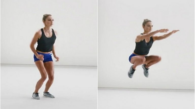 Скокове с ръце пред тялото – 30 сек
Подскачайте, опитвайки се да вдигнете максимално високо коленете. В същото време изстрелвайте ръцете си напред, право пред тялото.