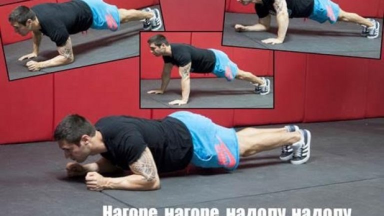 14. Нагоре, нагоре, надолу, надолу (Up Up Down Down или Elbow Push-Up) 
"Нагоре, нагоре. надолу, надолу" е гимнастическо и пилатес упражнение, което натоварва ефективно корема и в по-малка степен гърди, рамене, трицепс и средната част на гърба.
Подходящо упражнение за средно напреднали и напреднали фитнес ентусиасти. 
Начин на изпълнение:  Дланите и стъпалата докосват пода като тялото е в права линия (позиция лицева опора). Вдигнете дясната си ръка от земята и поставете предмишницата си на нейно място. Направете същото с лявата ръка. Повдигнете предмишницата на дясната ръка и я върнете в начална позиция. Повторете с лявата ръка и вече сте изпълнили едно повторение. 
Направете го по-трудно:  Изпълнявайте упражнението бързо и интензивно с добър контрол на цялото движение като се стараете да запазите максимално напрежение в коремната област през цялото време. 
Направете го по-лесно: Изберете планк вариант или упражнението "Spider Crawl".