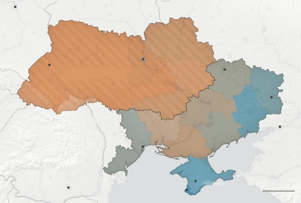 Политическото разделение в Украйна е плод на културните различия, които са ясно регионално изразени. На изборите през 2010 г. опозицията получи най-голяма подкрепа в западните части, в които и се говори предимно украински, а хората подкрепят европейския път на страната.

На картата от кафяво към синьо е изразен процента на хората, които говорят съответно украински и руски. 