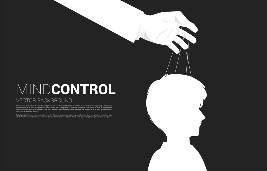 Hand Puppet Master controlling head of Silhouette of businessman.
