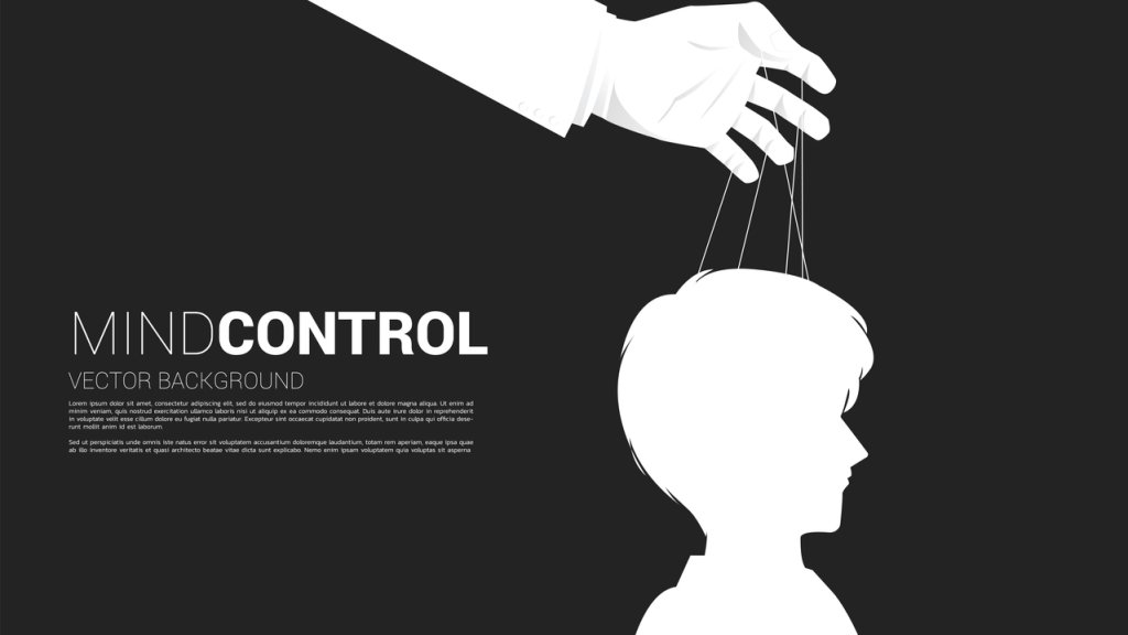 Hand Puppet Master controlling head of Silhouette of businessman.