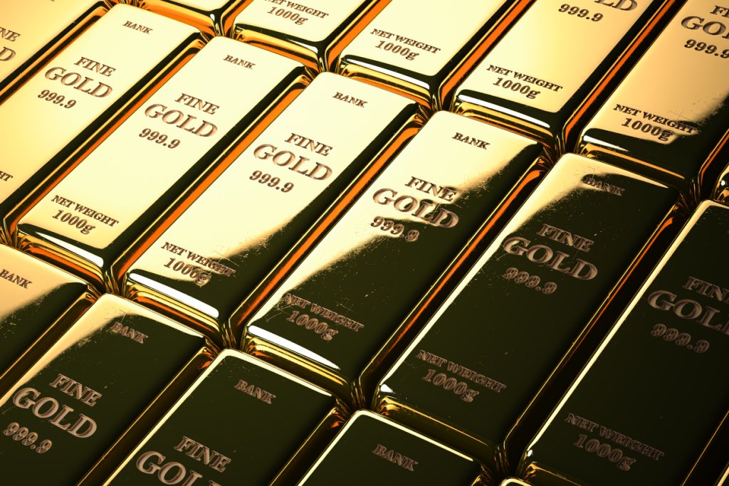 Gold bars or ingots in a row. Financial  and investment concept.