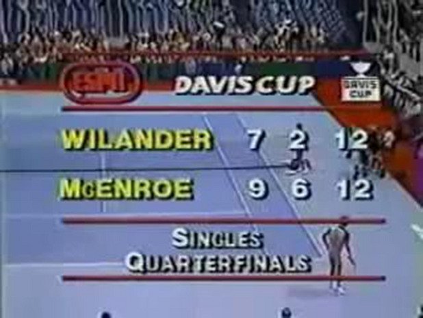 5. Джон Макенроу - Матс Виландер 1982 (6 часа 22 мин.)

"Дейвис къп" през 1982 г. В третия сет Виландер бие със 17:15. Стига се до равенство 2:2 сета, а в петия победата е за Джон с 8:6.