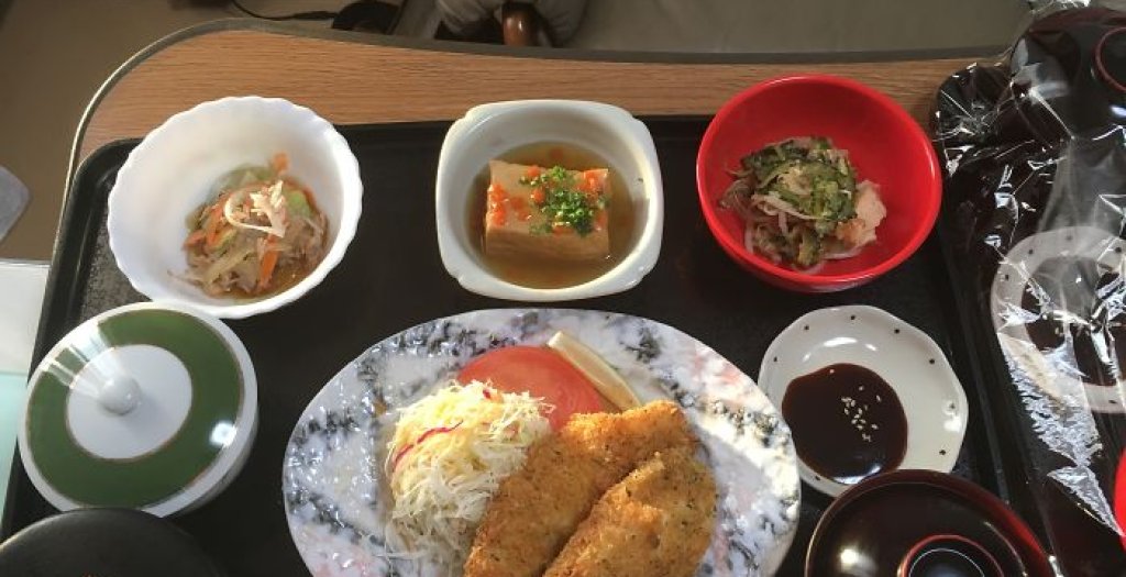 Панирано пиле със зелева салата, Agedashi тофу, ориз, морковена салата, ориз, Мисо супа, горчив пъпеш, приготвен на уок.