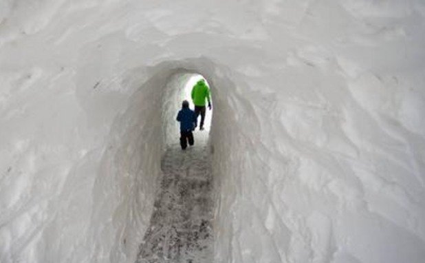 В натрупалия над метър и половина сняг, американците прокопават тунели, през които да карат колело. 
Когато велосипедистът Ари Голдбъргър открива, че любимият му маршрут е блокиран от гигантска купчина сняг, той и неговият приятел Шадрън Дейвис решават да вземат нещата в свои ръце.
"Транспортните власти блокираха достъпа до вело-алеята, когато почистваха паркинга. Решихме да направим нещо по въпроса!" пише той в описанието на това видео в Youtube.
15-метровият тунел бързо се превръща в туристическа атракция за градските велосипедисти... докато властите не се намесват и не разрушават тавана му, най-вероятно от съображения за безопасност.
За други снегът е начин да „разширят“ хола си, като прокопаят тунел направо през прозореца. 
