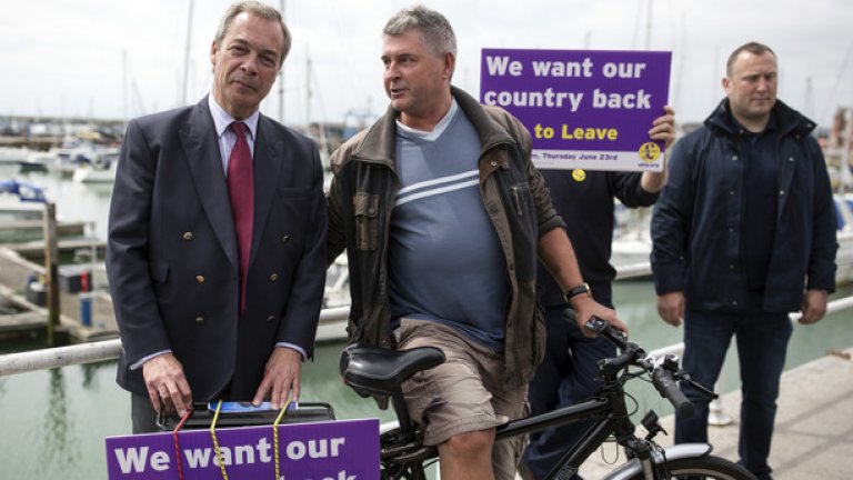 В ожесточената кампания за и против Brexit фактите нямат голямо значение, повече тежест имат популистките слогани. Лидерът на евроскептичната партия UKIP Найджъл Фарадж.