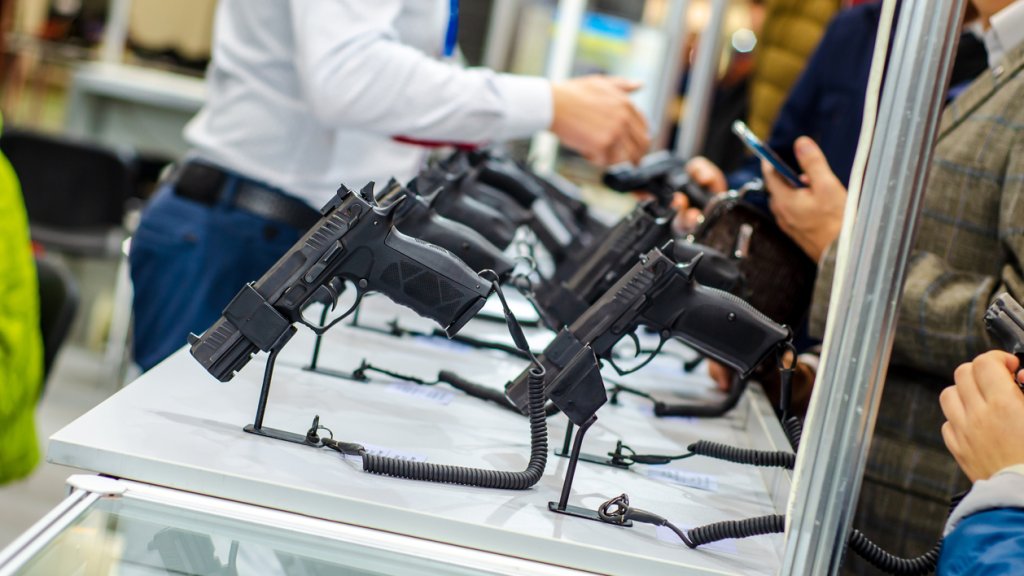Gun Display Stands. Pistols for sale in the store.