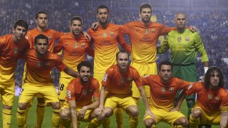 Титулярният състав на Барселона от 2012 г., срещу Леванте - когато 10 от титулярите са кадри на Ла Масия