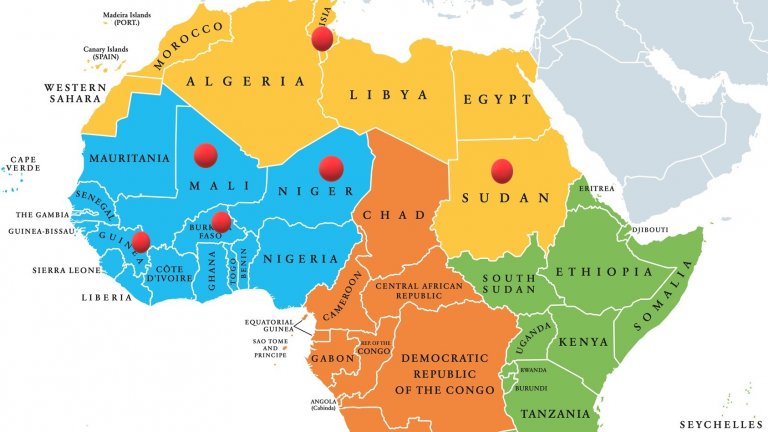 Всички военни преврати в Африка от 2020 година досега. В Гвинея, Мали, Буркина Фасо и Нигер има преминаване към проруски външнополитически курс