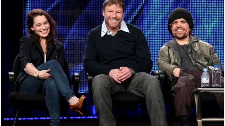 Тя, Шон Бийн и Питър Динклидж на първото представяне на сериала Game Of Thrones през януари 2011-та