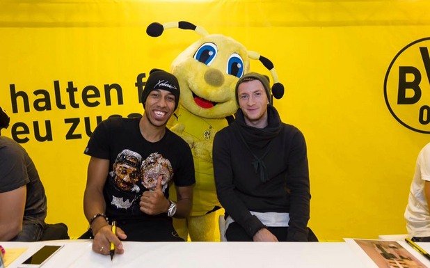 В понеделник звездите на Дортмунд даваха автографи на фенове. Чудесен повод за дуото да се снима с пчелата Ема - талисман на Борусия.