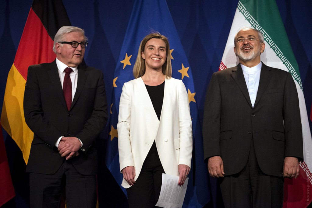 Iranian Foreign Minister Zarif stand with German Foreign Minister Steinmeier and EU High Representative for Foreign Affairs Mogherini following nuclear talks in Lausanne