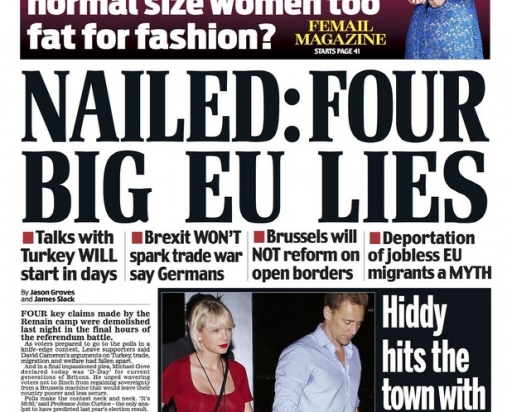 Daily Mail също подкрепя Brexit, като днес излиза със заглавие на първа страница "Разкрити: Четирите големи лъжи за ЕС". "Преговорите с Турция ще започнат до няколко дни; Brexit няма да доведе до търговска война, твърдят германците; Брюксел няма да се реформира по отношение на отворените граници; Депортацията на безработните мигранти от ЕС е мит"