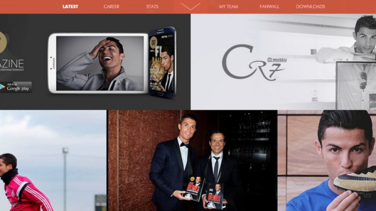 На главната страница на сайта на Кристиано има поне 8 негови снимки по всяко време. Обикновено как целува награди или рекламира нещо.