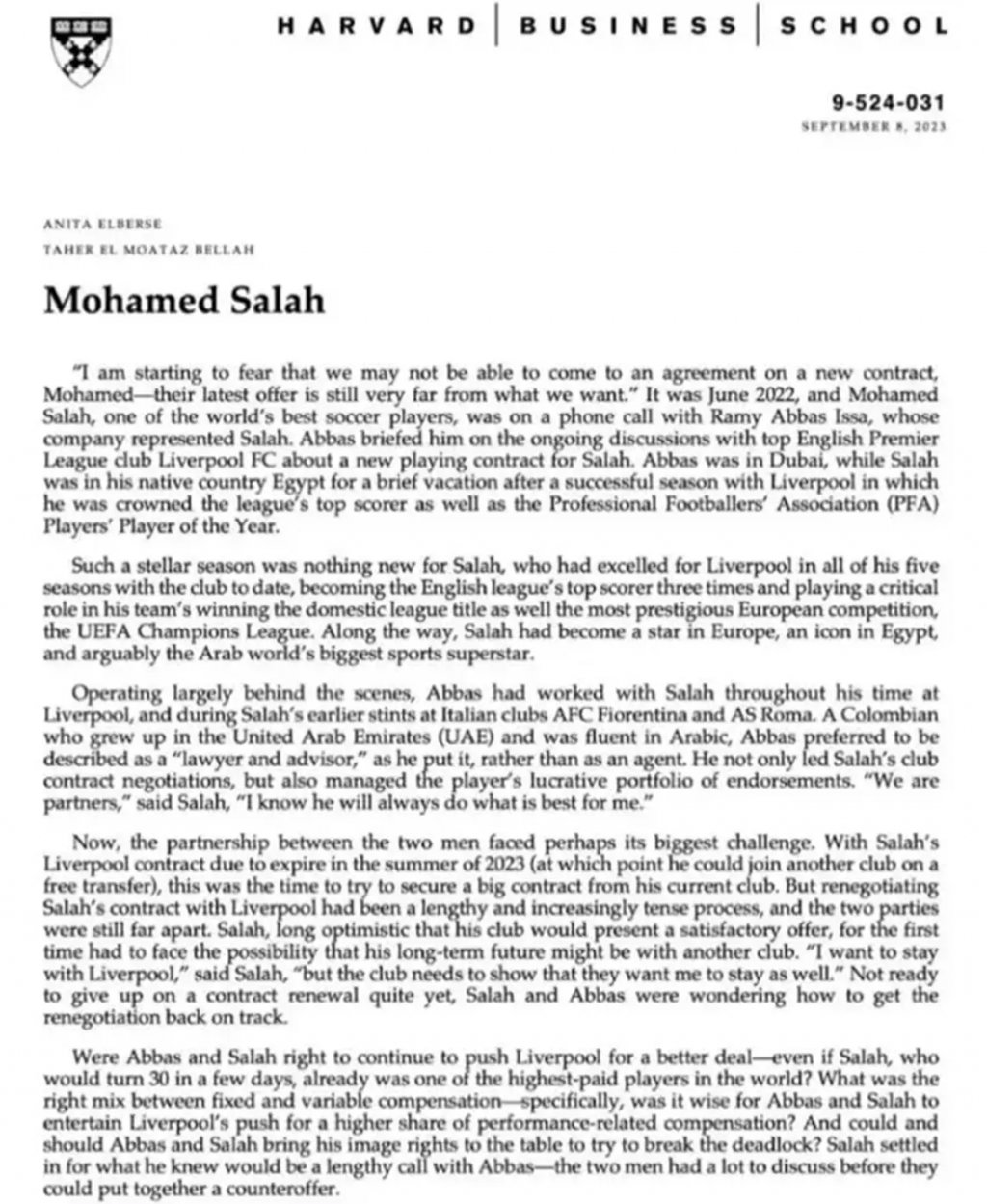 Харвард публикува проучване как се е стигнало до новия договор на Салах
