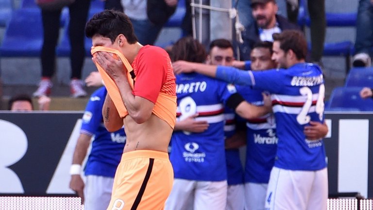 Диего Пероти от Рома се ядосва на изравнителния гол на Сампдория за 1:1
