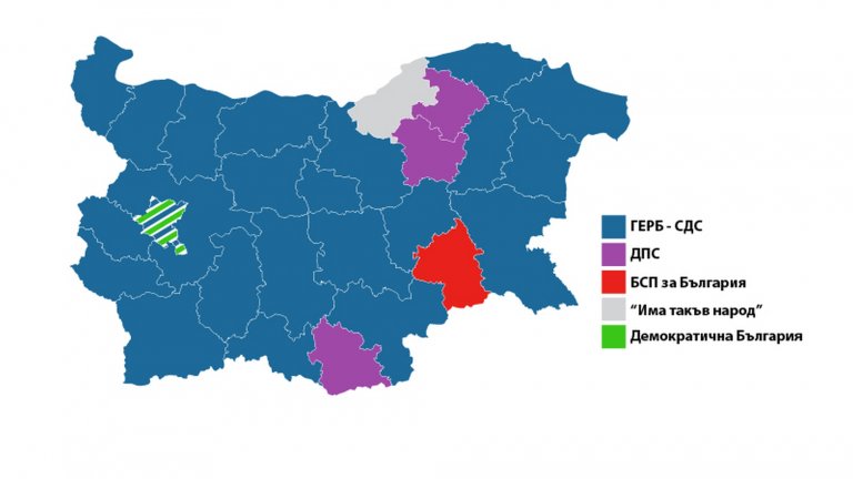 Картата горе показва коя е първата политическа сила в даден многомандатен избирателен район (МИР).