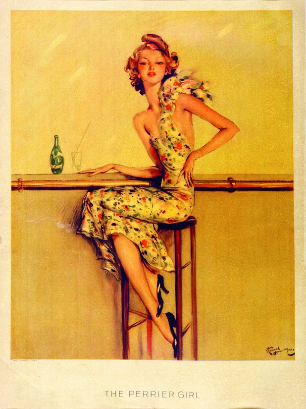 "Заедно с уиски или с коняк, с плод или с цитросов сок, Perrier е несравнимо." Слоган на продукта от 1936 година, илюстрация от френския художник Жан -Габриел Домерг