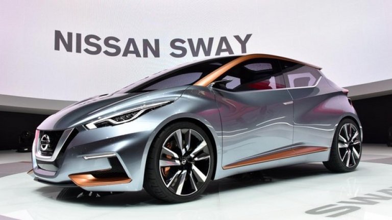 Nissan Sway
При представянето на Sway в Женева стана ясно, че концептът показва потенциалните форми и линии на бъдещия компактен хечбек. Дори най-смелите анализатори прогнозират, че с някои бъдещи консервативни промени, то така би изглеждало следващото поколение на популярния Micra. Кой каза, че скромните на размери модели не могат да бъдат вълнуващи?