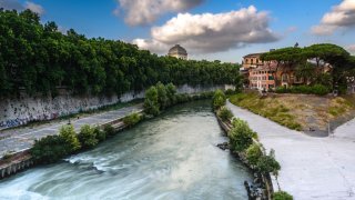 Isola Tiberina island. Ospedale Fatebenefratelli hospital. tower and Tevere river. Trastevere district. Rome. Lazio Italy. Europa