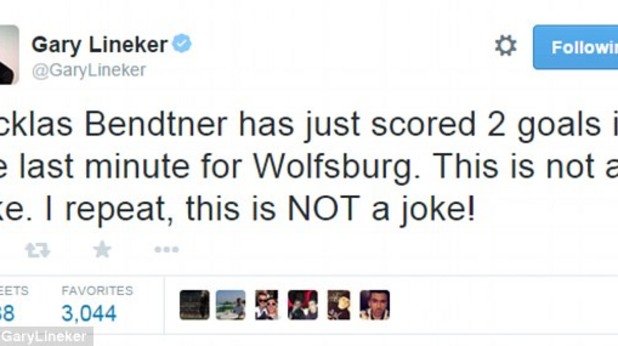 Туитът на Гари Линекер, с който той поздравява Бендтнер
