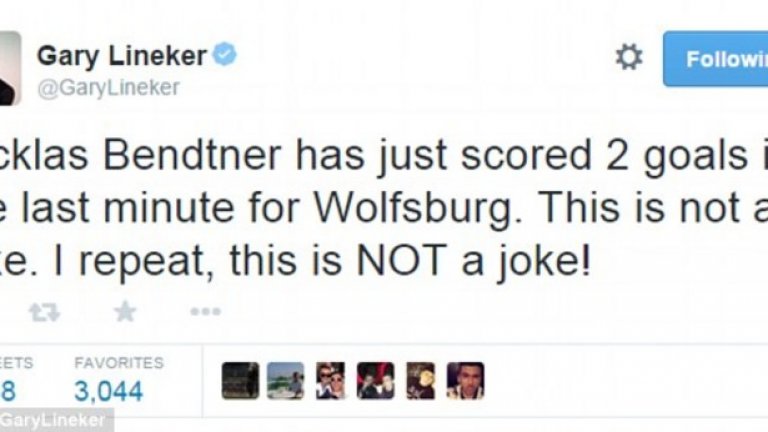 Туитът на Гари Линекер, с който той поздравява Бендтнер