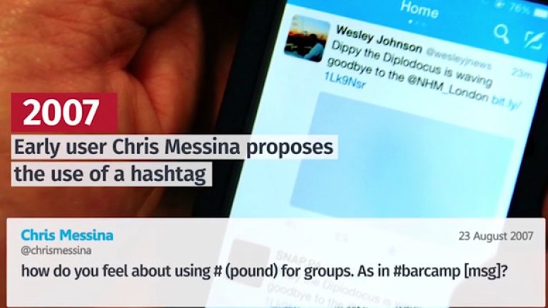 Един от ранните потребители Крис Месина предлага използването на хаштагове.