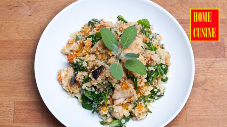 Кускус с пиле, тиква и топъл винегрет с мед