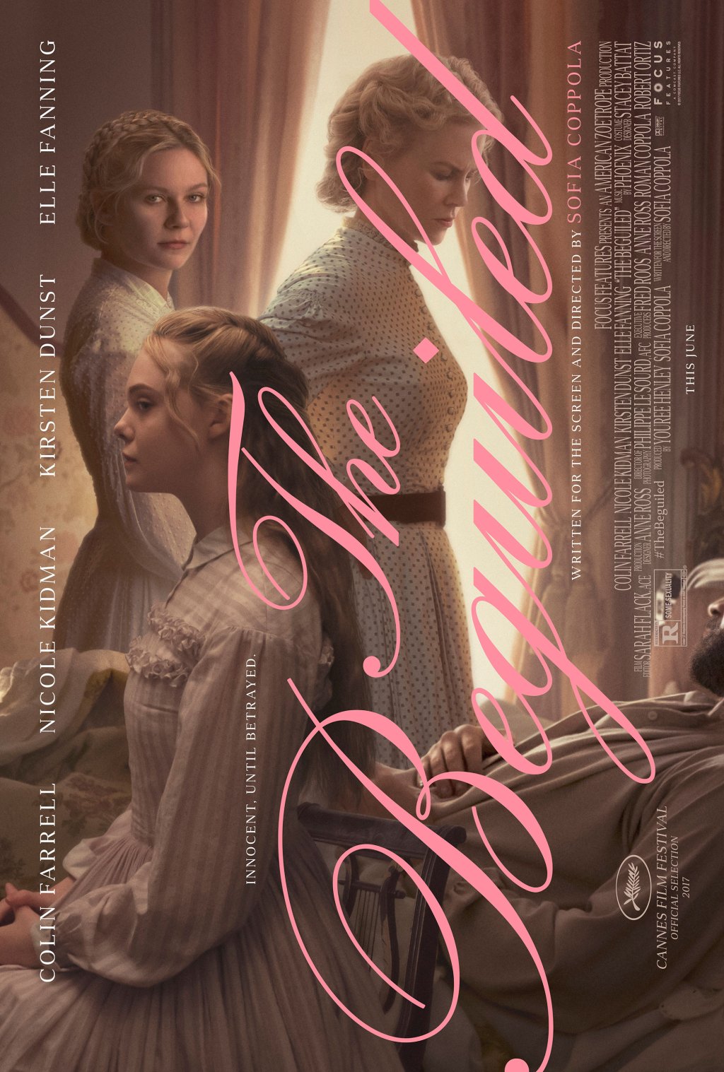 \"The Beguiled\" 
Дата: 23 юни 
Новият филм на София Копола е римейк на класическия филм на Клинт Истууд за училището на няколко момичета по време на гражданската война във Вирджиния. Директорката на училището прибира ранен войник и светът почти