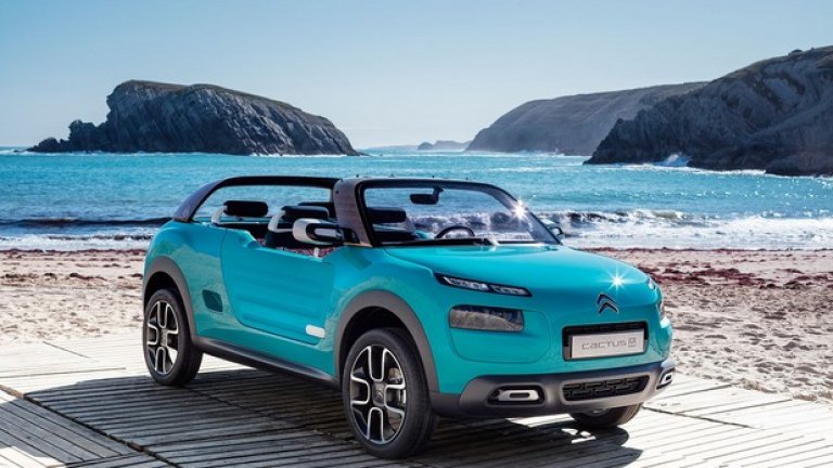 Citroen Cactus M
На пръв поглед, новият прототип на Citroen Cactus M изглежда като изваден от анимационен филм. Той обаче може да се превърне в идеален автомобил за лятната ваканция. 
Моделът взима елементи от класическия Citroen Mehari, който до 80-те години беше символ на провинциалния и плажен живот във Франция. 
Структурата на кросоувъра му позволява да достига навсякъде без затруднения. Високата му задна арка дава възможност за прикачване на допълнителен багаж за плажа, включително сърфове. 
Целият интериор е снабден със система за оттичане, в случай че ви изненада лошо време. Седалките са направени от материал за водолазни костюми, което ги прави непромокаеми.
