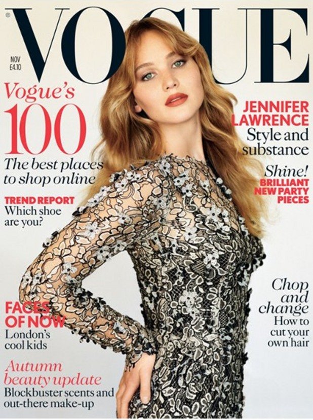 Британското издание на Vogue създаде галерия, която отчита значението на цифрите в живота на актрисата Дженифър Лорънс. В нея, на първа позиция, под цифрата ЕДНО, седи броят корици, които Дженифър Лорънс има за Vogue на Острова. Годината е 2012, а броят е ноемврийски. Преди да спечели "Оскар", актрисата изгрява в Лондон с откровено интервю за списанието