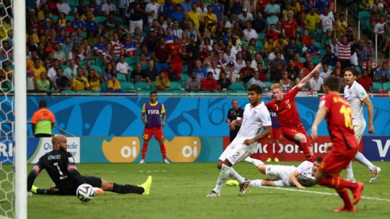 Кевин де Брюин бележи важния първи гол в мача срещу САЩ.