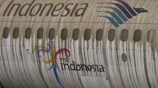 Ash from Mount Kelud covers a Garuda Indonesia airplane at Adi Sucipto airport in Yogyakarta