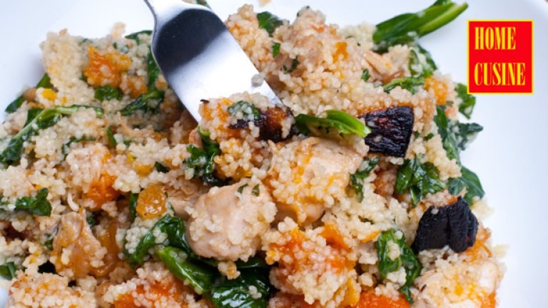 Кускус с пиле, тиква и топъл винегрет с мед