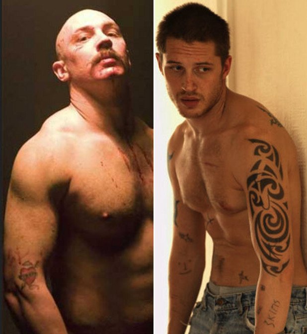 Том Харди в "Брансън" от 2008 година и в ролята в "Stuart: A Life Backwards" от 2007 година. Преди: 68 кг. и след: 79 кг.