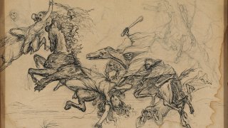 Ludvig_Abelin_Schou_-_Studie_til_Ragnarok._Hel_fælder_en_Valkyrie_ved_Ragnarok