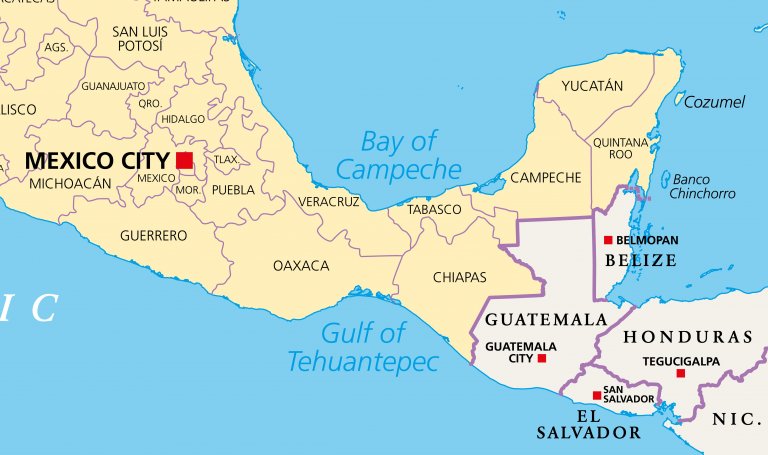 Карта на региона - щатът Чиапас и границата с Гватемала