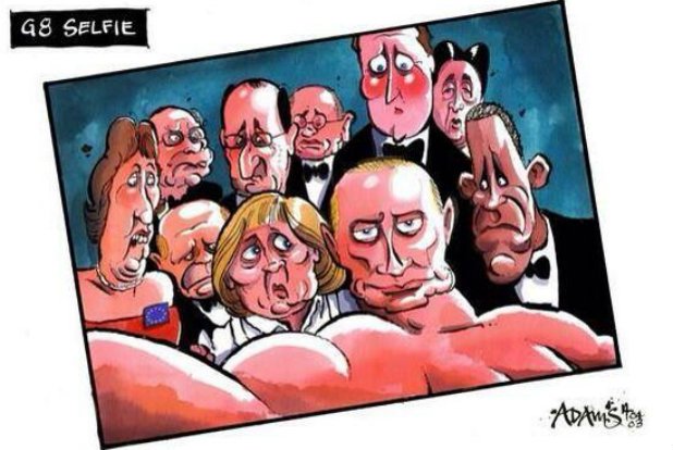 Снимката предизвика и въображението на немалко хора. Ето една чудесна карикатура на Г8, на която Путин държи телефона.