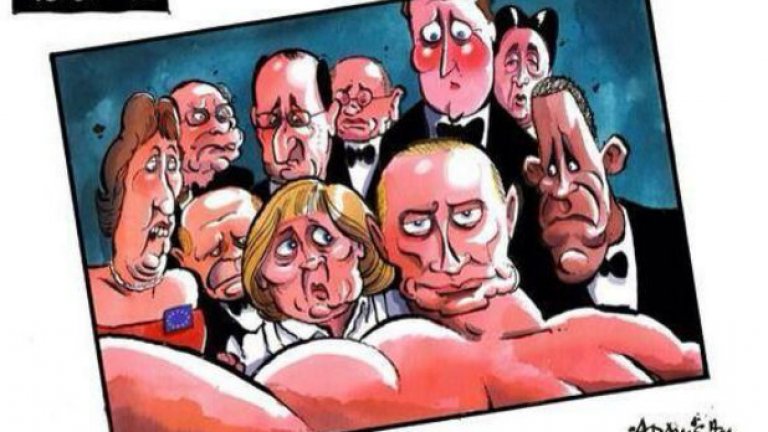 Снимката предизвика и въображението на немалко хора. Ето една чудесна карикатура на Г8, на която Путин държи телефона.