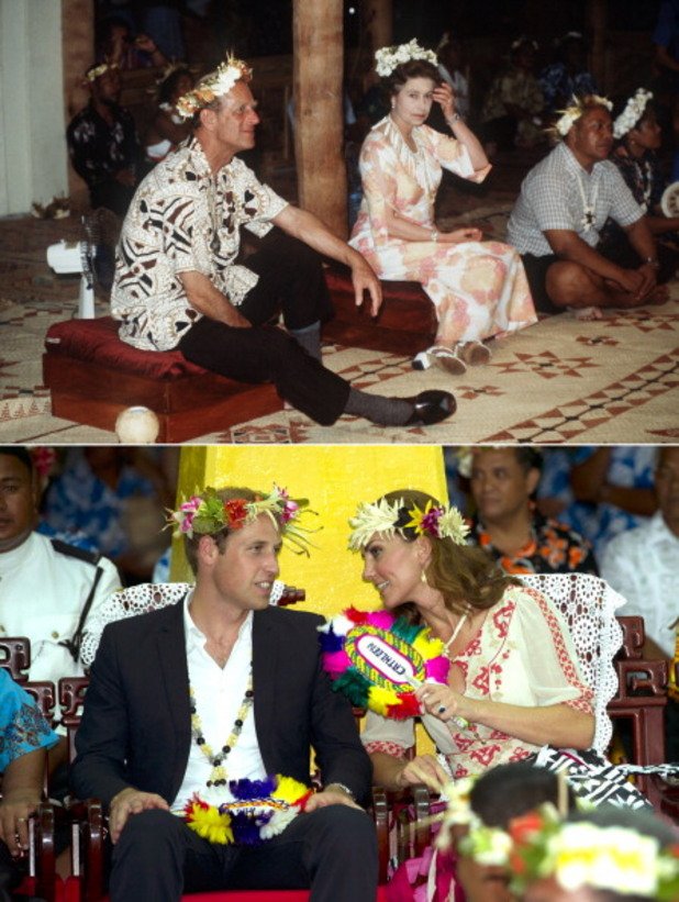 Забавления за крале и кралици: Сравнение с 30-годишна давност - Кралица Елизабет II и принц Филип при посещението им в Тувалу през 1982 г. - срещу визитата на принц Уилям и Кейт Мидълтън през 2012 г. 