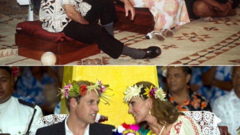 Забавления за крале и кралици: Сравнение с 30-годишна давност - Кралица Елизабет II и принц Филип при посещението им в Тувалу през 1982 г. - срещу визитата на принц Уилям и Кейт Мидълтън през 2012 г. 