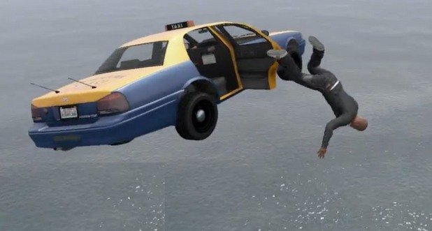 Grand Theft Auto V  - Такси в океана

Не е сигурно дали това е бъг или проява на чувство за хумор от страна на разработчиците (фактът, че след един пач вече не може да се случи говори за първия вариант). Светът в GTA V е опасен и насилието дебне отвсякъде. Затова понякога е по-добра идея да вземете такси. Ако зададете като дестинация открития океан, шофьорът наистина ще се постарае да останете удовлетворени. Таксито внезапно цопва в Тихия океан, завличайки със себе си водача към водния му гроб. Вие може и да се спасите, но той... той поне си отива, правейки това, което обича.
