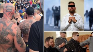 Хората вляво със задрасканото 60 на главите си очакват с нетърпение Мишек да излезе от затвора.