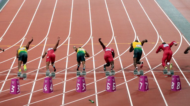 Стартът на финала в спринта на 100 м по време на Олимпийските игри в Лондон през 2012 г.