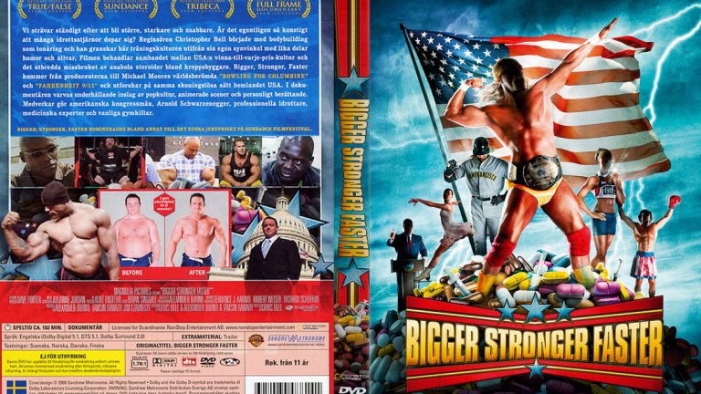 Bigger Stronger Faster
Преди десет години младият режисьор и дългогодишен поклонник на тежестите и мускулите Крис Бел шокира фитнес света със своя документален хит Bigger Stronger Faster. В него той преплита семейната си история с обсесията на американското общество по спортни победи на всяка цена. Бел разглежда в дълбочина темата за стероидите в професионалния спорт, анаболните скандали в кеча и бейзбола, двойните стандарти на фитнес знаменитостите и остро критикува своите детски идоли Арнолд Шварценегер, Силвестър Сталоун и Хълк Хоган.
Тези мускулести фигури и аватари на американската мечта продължават да вълнуват въображението и да доминират в спомените на Бел, но той си поставя за цел да изкара наяве всички противоречия на фитнес индустрията и вечната мисия на милиони хора за постигане на качествена физика.
Филмът е наситен със сатира и забавни откъси, но в крайна сметка предлага един безкрайно честен семеен портрет на трима братя, обсебени от тренировките и тежестите на фона на най-мускулестата държава в историята – техният дом САЩ.