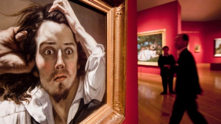 7. Гюстав Курбе, "Автопортрет (Отчаяният)" (1843 - 45)
В момент на романтично веселие, Курбе представя самия себе си като "луд", като лицето му е обзето от екстаз и ужас. Отчаяното състояние на разума му не е позорна болест, а демонстрация на артистична гордост. В традиция, която стига до "Меланхолия" на Дюрер, но придобива нова сила в епохата на романтизма, той слага знак на равенство между гения и безумеца. Това лице на отчаяние е лицето на авангарда от XIX век, рискуващ и дори призоваващ болестта с алкохол и наркотици. Курбе изглежда като герой в някой от разказите на Едгар Алън По, като психиката му се разкрива по начин, от който са очаровани първите художници-модернисти.