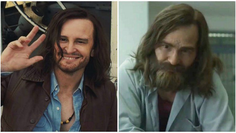 Актьорът Дейвид Хериман играе лидера на култ Чарлс Менсън в две различни продукции, които се появиха това лято - във филма на Куентин Тарантино "Имало едно време в... Холивуд" (вляво) и във втория сезон на сериала Mindhunter.