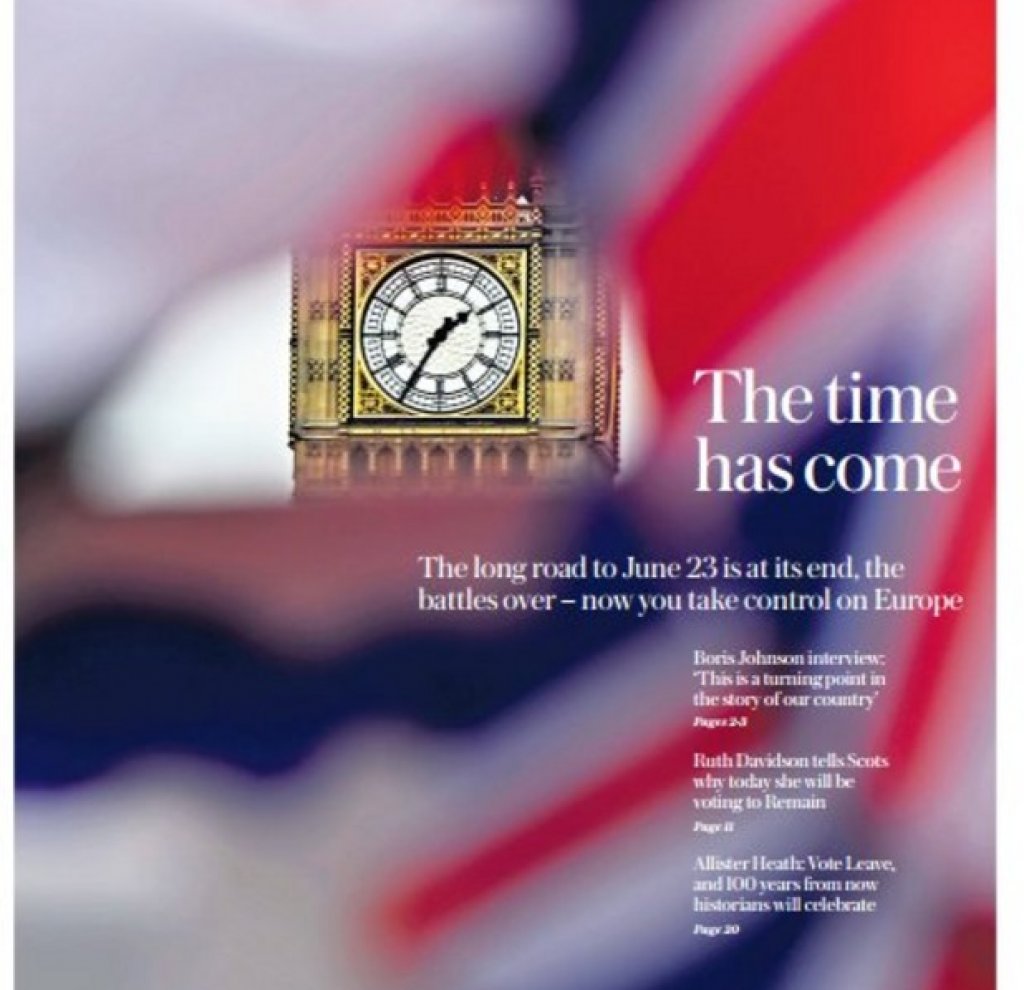 Евроскептичният консервативен всекидневник Daily Telegraph също призовава за напускане на ЕС - като обявява, че "светът на неограничените възможности очаква тотално независима Великобритания". "Настъпи времето", пише на първа страница изданието със снимка на Биг Бен и британския флаг.