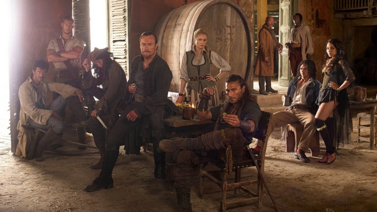 Black Sails / "Черни платна" 
Този сериал на Starz е един от най-добрите сериали за пирати, които могат да бъдат открити. На практика това е предисторията на култовия приключенски роман "Островът на съкровищата", но представена по много по-реалистичен и впечатляващ начин. В сериала можете да мернете както капитан Флинт и Дългия Джон Силвър, така и исторически имена като капитан Чарлз Вейн, капитан Джак Ракъм, Черната брада и редица други култови пирати. В добрата стара традиция на пиратството, шоуто изобилства от секс, бой, кървища и пиратски песни. А основната музикална тема може да ви се забие в главата и да си я тананикате с дни.