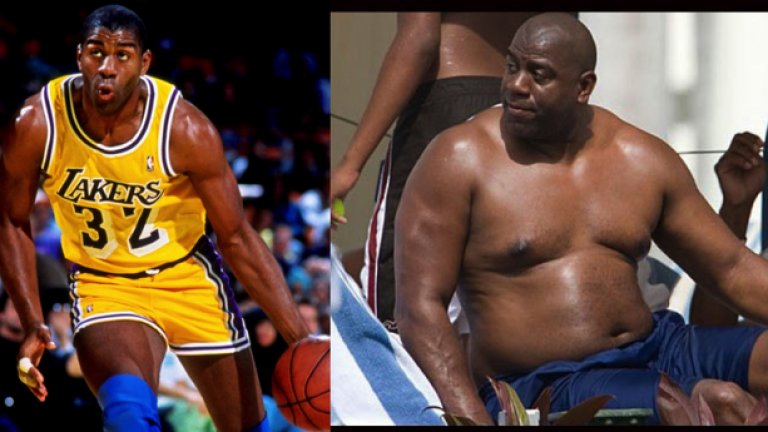 3. Меджик Джонсън
Бившият гард на Лейкърс е звяр на игрището. С внушителната си височина от 205 см и тегло от 100 кг никой не можеше да го спре. 
През 1991 г. обаче се зарази с ХИВ през 1991 г. Той продължи да се състезава, въпреки че стана по-обемист.